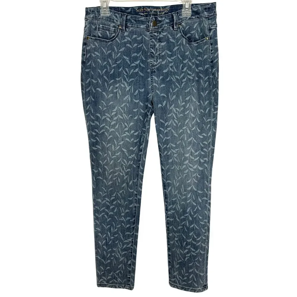 Soft Surroundings Leaf Vine Floral Slim Straight Jeans Blue Size M